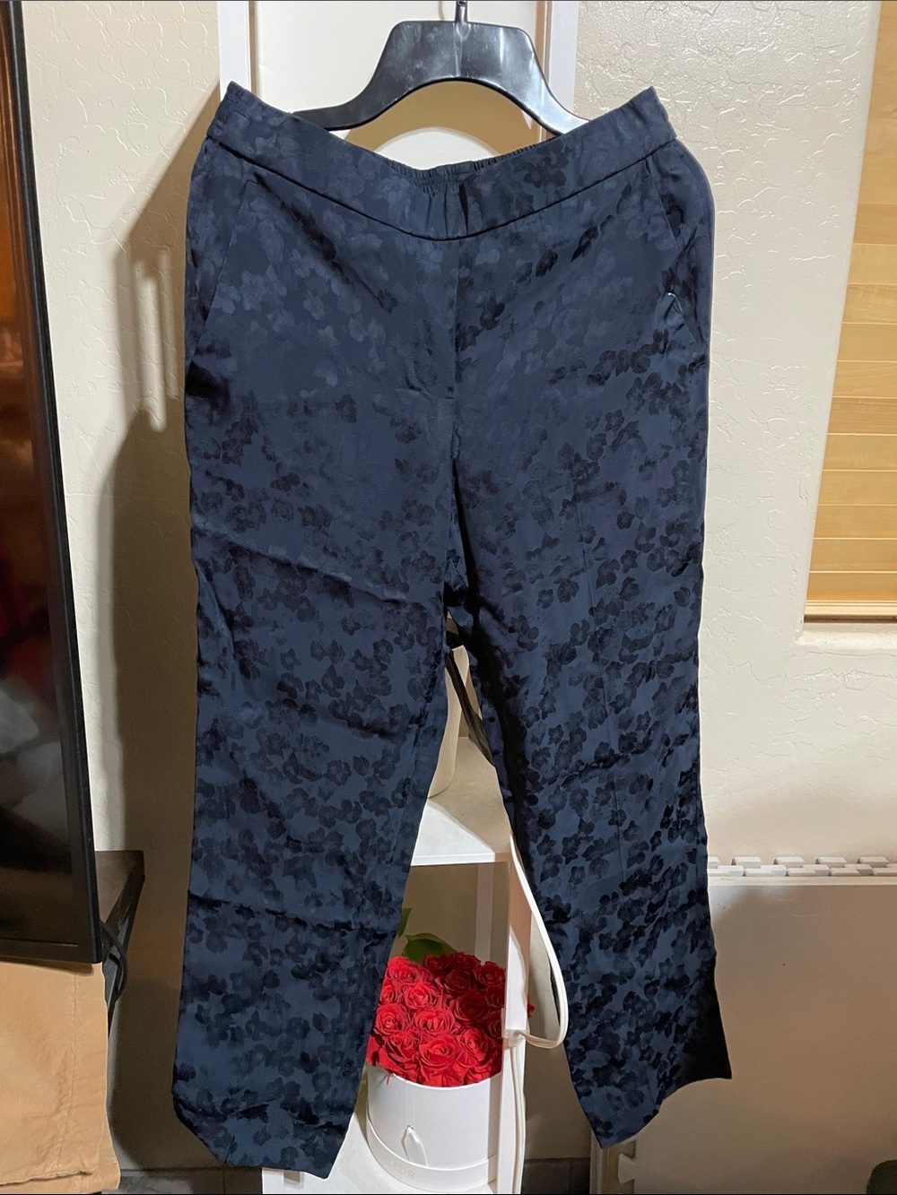 Theory Black Floral Jacquard Wide-Leg Pants